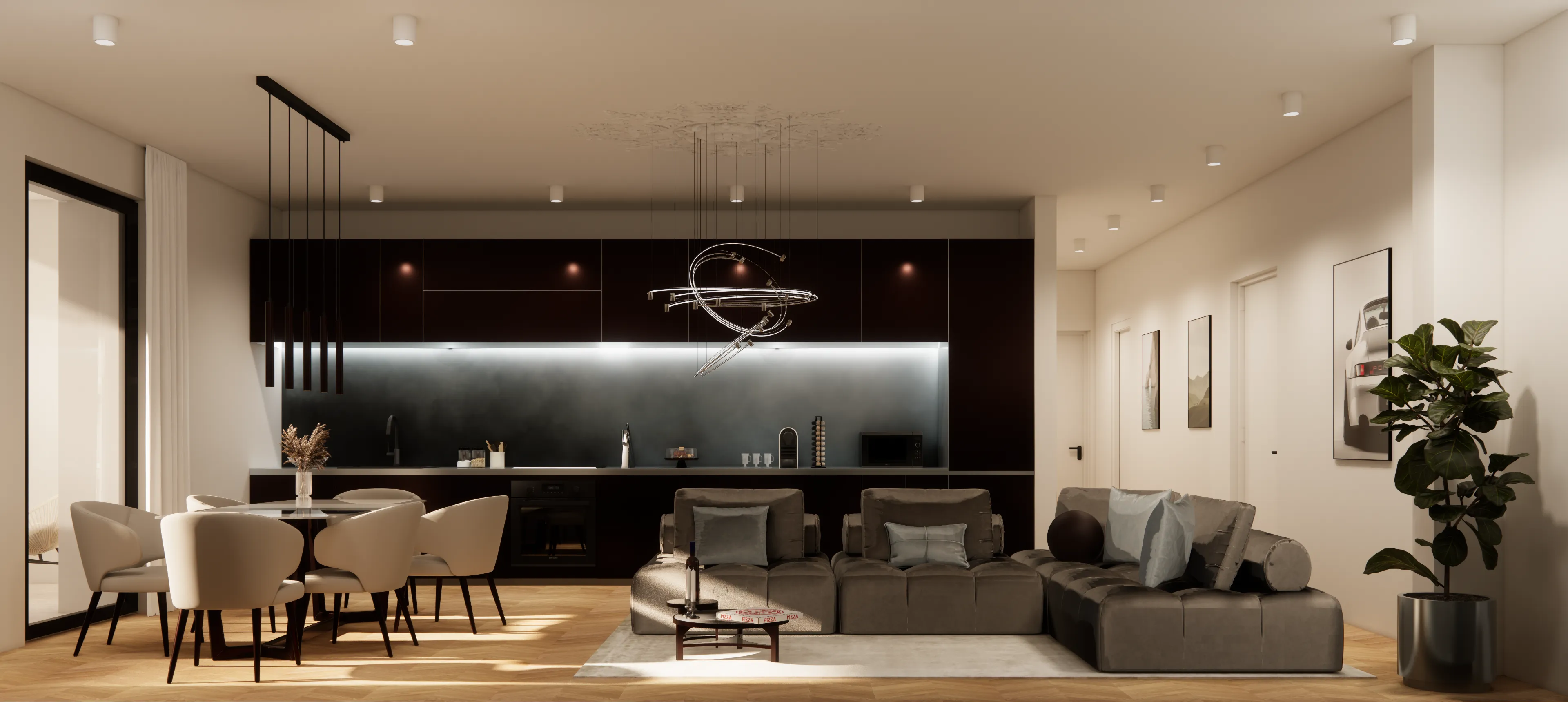 Living e zona pranzo di un trilocale WESTHAVEN