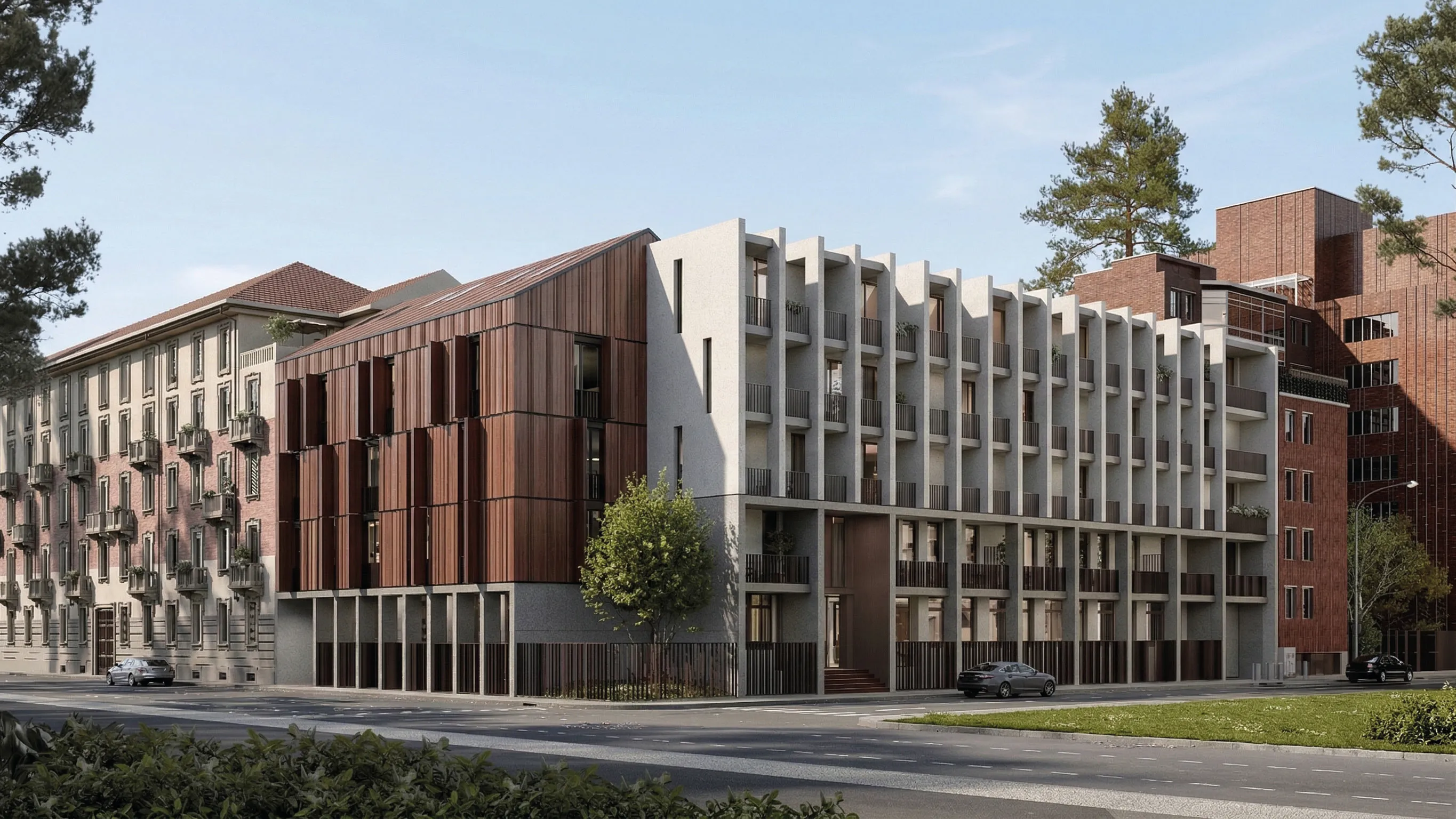 Render diurno dell'edificio WESTHAVEN visto dall'angolo via Leto Pomponio · via Costanza.